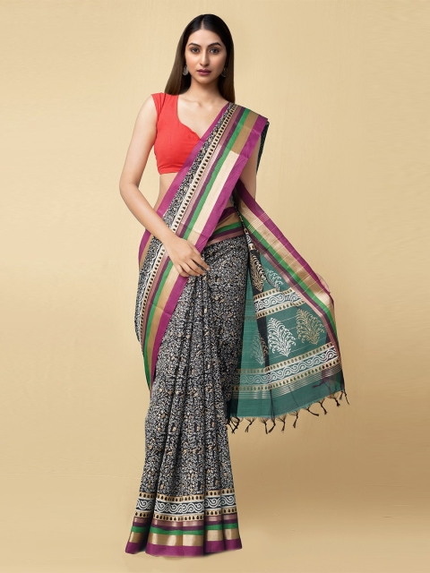 

Unnati Silks Black & Beige Floral Silk Cotton Handloom Chanderi Saree