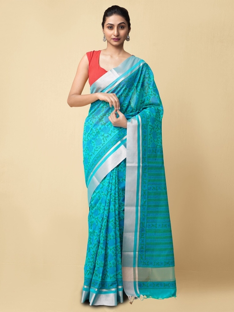 

Unnati Silks Blue & Silver-Toned Floral Zari Silk Cotton Handloom Chanderi Saree