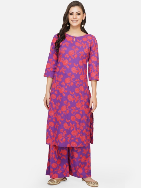 

FABNEST Women Purple Floral Printed Regular Pure Cotton Kurta with Palazzos