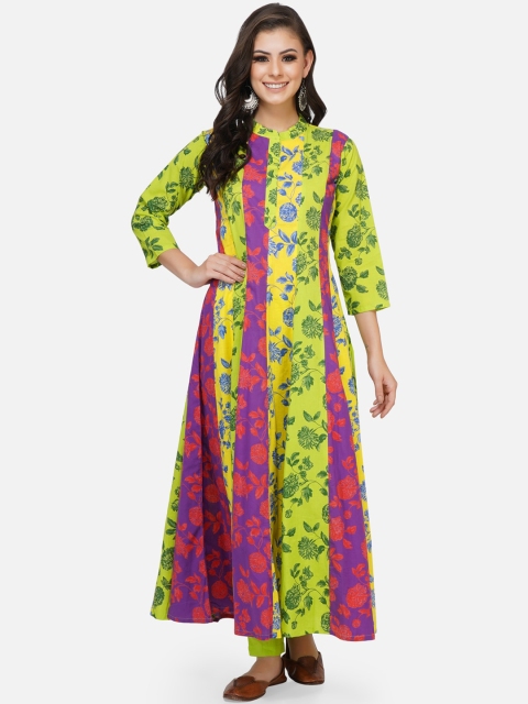 

FABNEST Women Yellow Floral Printed Panelled Pure Cotton Kurta with Trousers