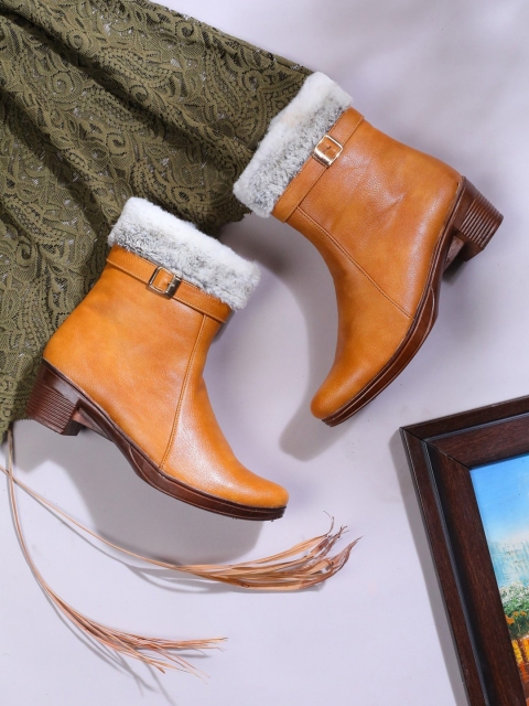 

LONDON STEPS Tan Colourblocked Block Heeled Boots