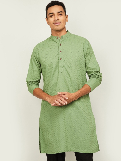 

Melange by Lifestyle Men Green Ethnic Motifs Embroidered Chikankari Cotton Kurta
