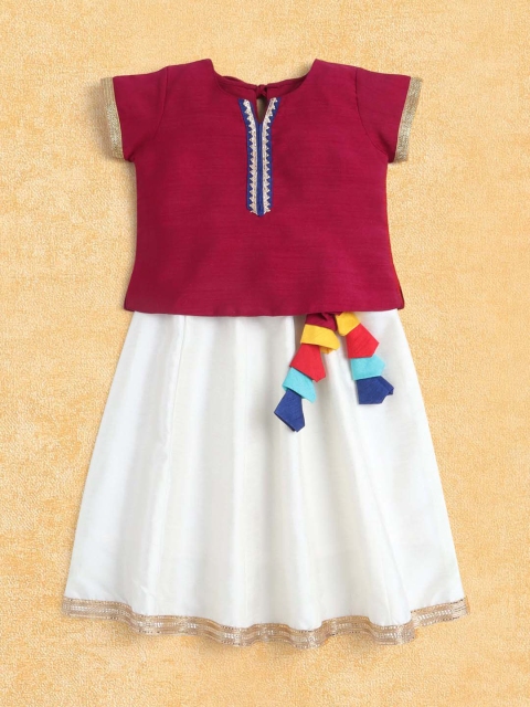 

The Magic Wand Girls Ethnic Maroon Top & White Skirt Set