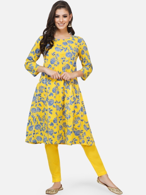 

FABNEST Women Yellow Floral Printed Handloom Kurta