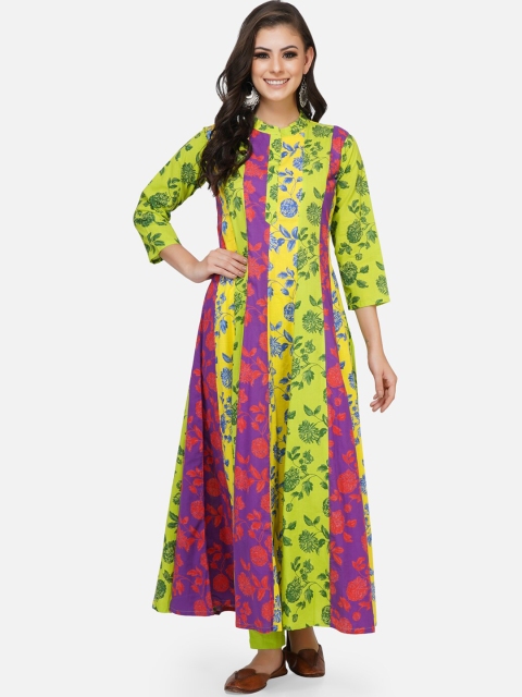 

FABNEST Women Yellow & Green Floral Printed Handloom Kurta