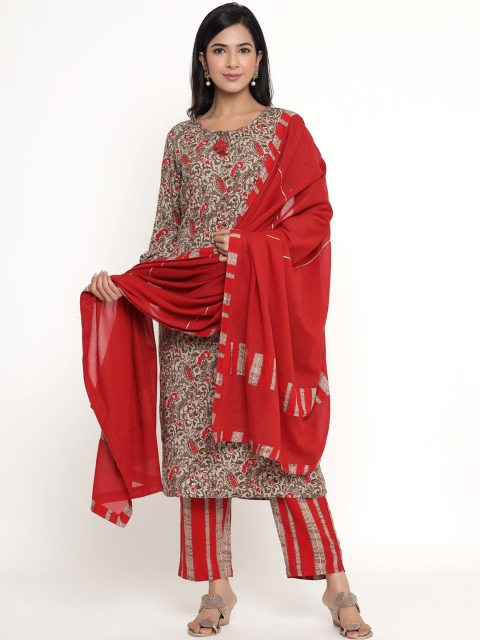 

DIVYANK Women Red Ethnic Motifs Printed Regular Kurta with Trousers & With Dupatta