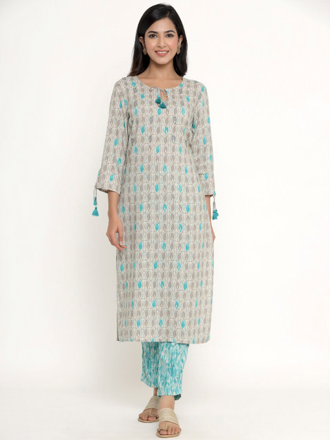 

DIVYANK Women Turquoise Blue Printed Regular Kurta with Trousers & With Dupatta