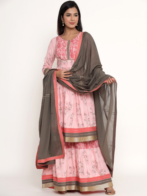 

DIVYANK Women Pink Floral Printed Empire Gotta Patti Kurta with Sharara & With Dupatta