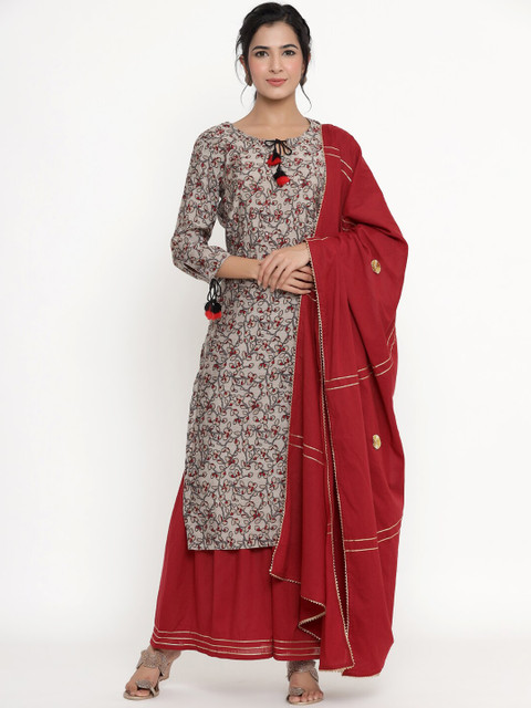

DIVYANK Women Maroon Floral Printed Regular Kurta with Palazzos & With Dupatta
