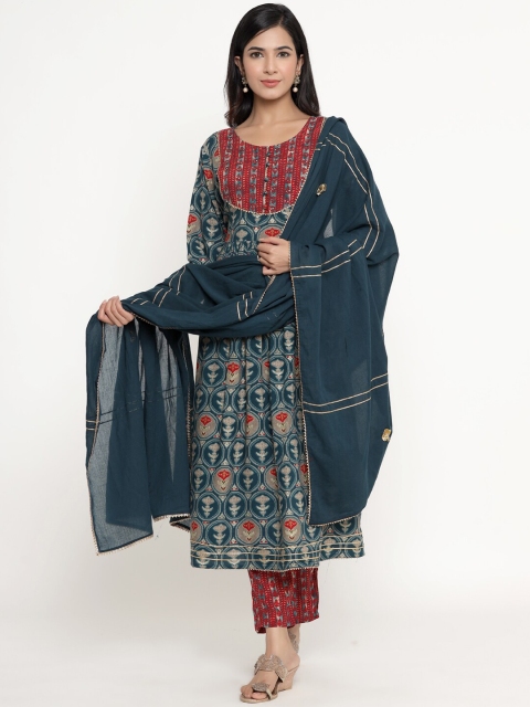 

DIVYANK Women Teal Ethnic Motifs Printed Regular Kurta with Trousers & With Dupatta