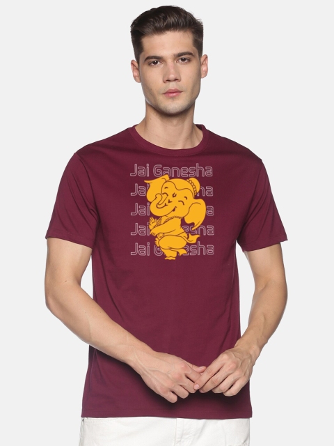 

MASH UNLIMITED Men Maroon & Yellow Graphic Printed Slim Fit T-shirt