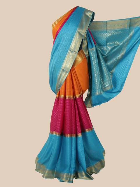 

Pothys Turquoise Blue & Orange Colourblocked Pure Silk Mysore Silk Saree