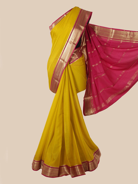 

Pothys Yellow & Magenta Woven Design Pure Silk Mysore Silk Saree