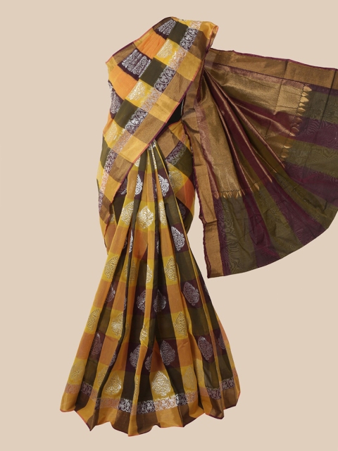 

Pothys Mustard & Purple Ethnic Motifs Silk Cotton Kovai Saree