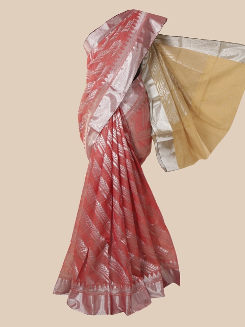 

Pothys Pink & Silver-Toned Woven Design Silk Cotton Kovai Saree