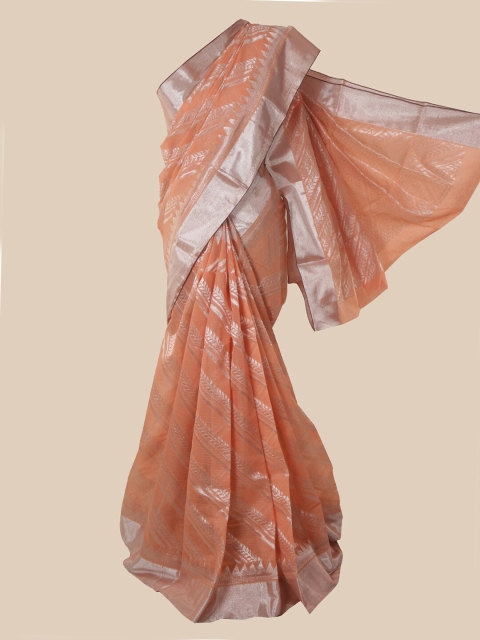 

Pothys Peach-Coloured & Silver-Toned Woven Design Silk Cotton Kovai Saree