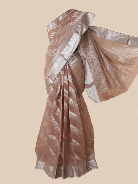 

Pothys Brown & Silver-Toned Woven Design Silk Cotton Kovai Saree