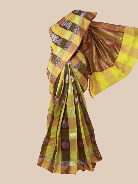 

Pothys Yellow & Purple Checked Silk Cotton Kovai Saree