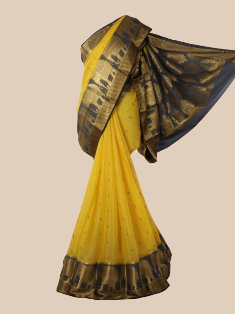 

Pothys Yellow & Navy Blue Ethnic Motifs Pure Silk Mysore Silk Saree