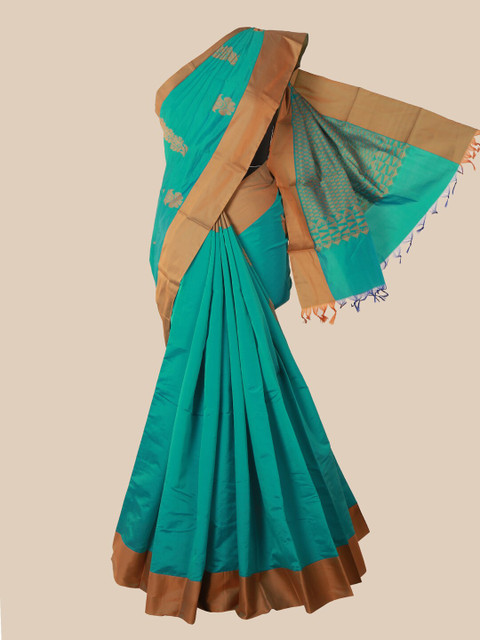 

Pothys Turquoise Blue & Brown Woven Design Silk Cotton Kovai Saree
