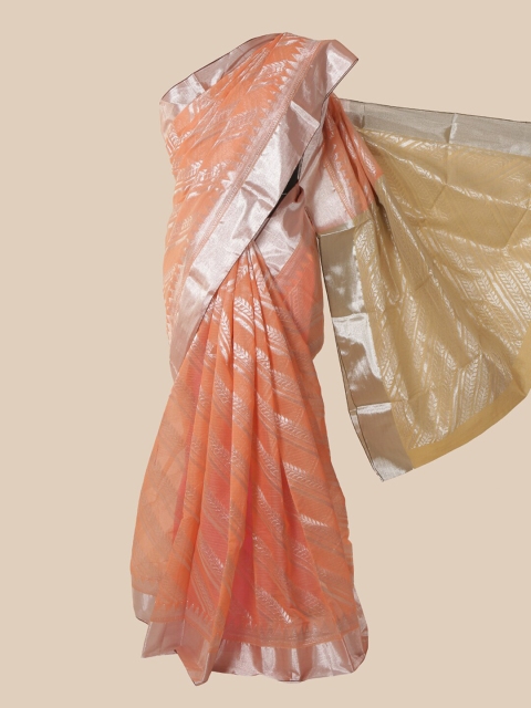 

Pothys Peach-Coloured & Silver-Toned Silk Cotton Kovai Saree
