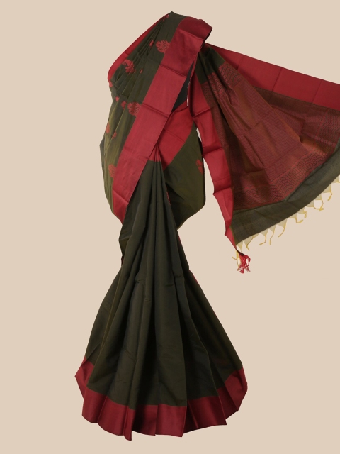 

Pothys Olive Green & Red Ethnic Motifs Silk Cotton Kovai Saree