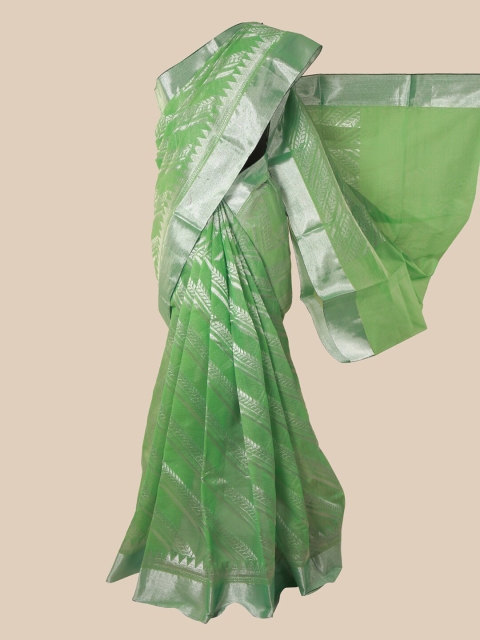 

Pothys Green & Silver-Toned Woven Design Silk Cotton Kovai Saree