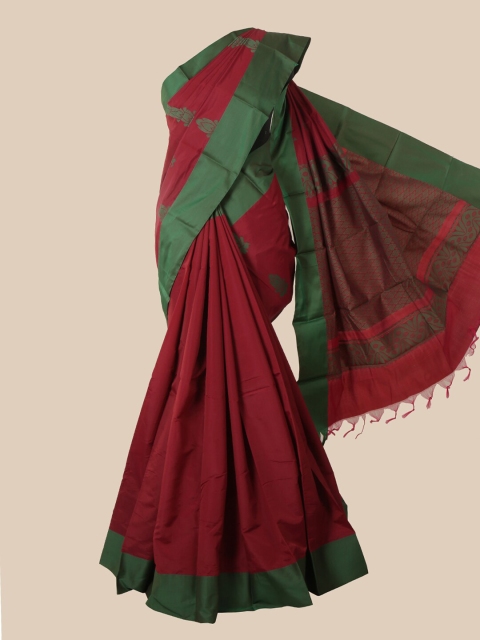 

Pothys Maroon & Sea Green Ethnic Motifs Silk Cotton Kovai Saree