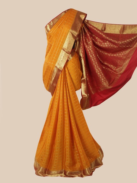 

Pothys Yellow & Maroon Checked Pure Silk Mysore Silk Saree
