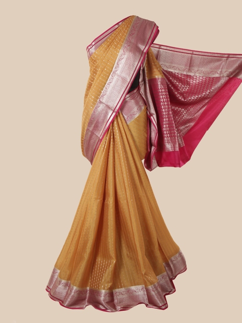 

Pothys Mustard & Pink Woven Design Pure Silk Mysore Silk Saree