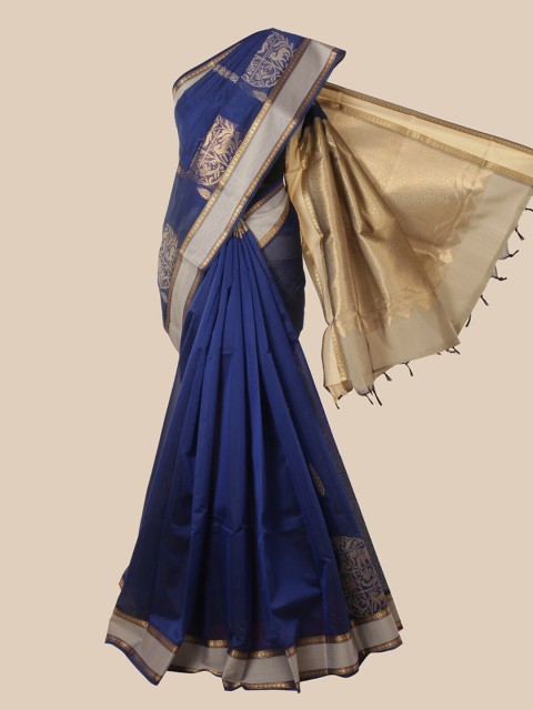 

Pothys Blue & Gold-Toned Ethnic Motifs Silk Cotton Kovai Saree