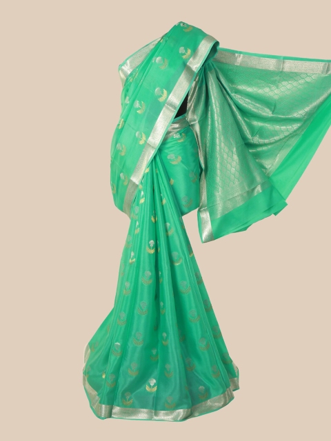 

Pothys Sea Green & Silver-Toned Woven Design Pure Silk Mysore Silk Saree