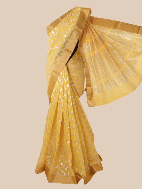 

Pothys Yellow & Silver-Toned Printed Silk Cotton Kovai Saree
