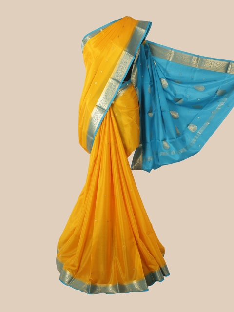 

Pothys Yellow & Turquoise Blue Woven Design Pure Silk Mysore Silk Saree