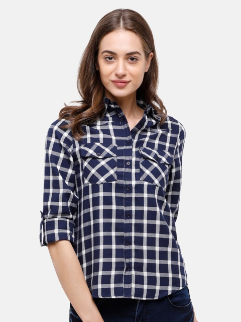 

Double Two Women Navy Blue & White Checked Shirt Style Top