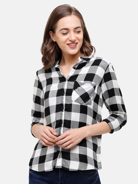 

Double Two Women White & Black Checked Shirt Style Top