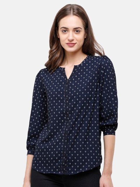 

Double Two Women Navy Blue & White Printed Regular Top
