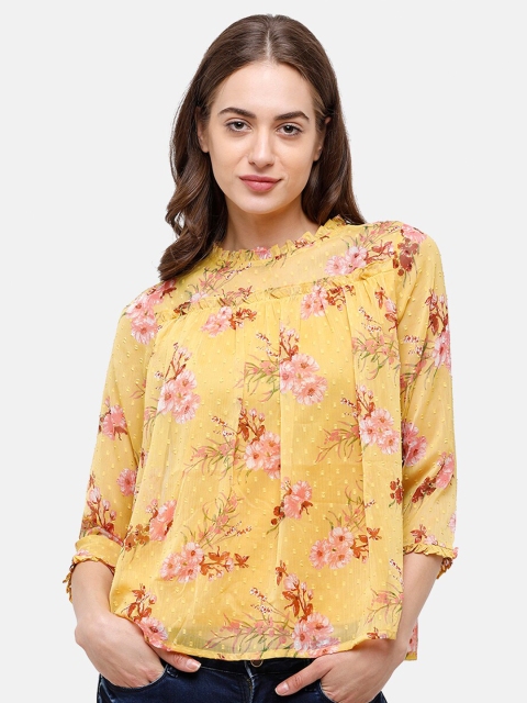 

Double Two Women Yellow & Pink Floral Printed Blouson Top