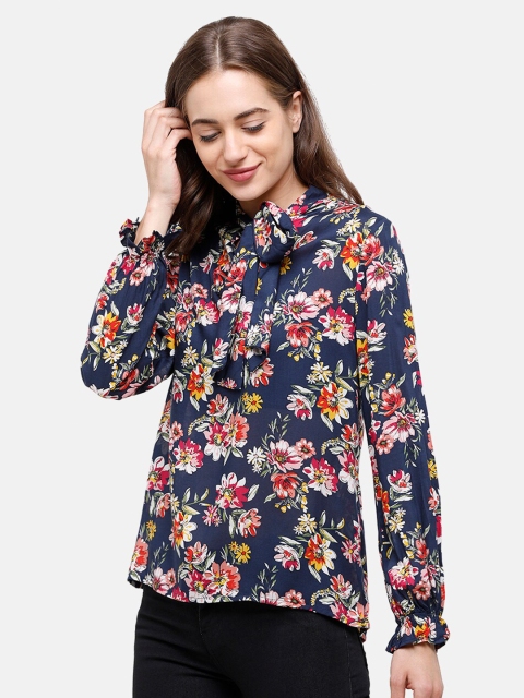 

Double Two Women Navy Blue Floral Shirt Style Top