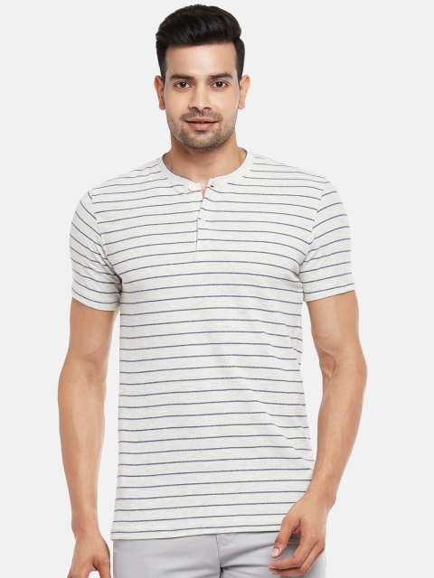 

BYFORD by Pantaloons Men Off-White & Grey Striped Henley Neck Slim Fit T-shirt