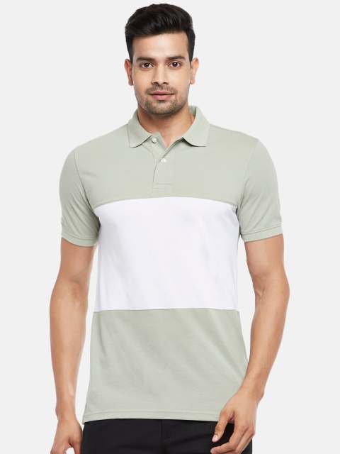 

BYFORD by Pantaloons Men Green White Colourblocked Cotton Polo Collar Slim Fit Pure Cotton T-shirt