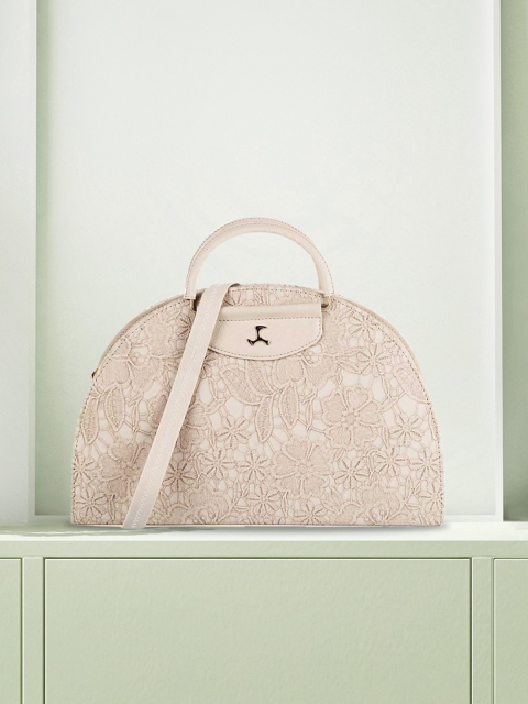 

Mochi Beige Floral Textured PU Half Moon Handheld Bag with Cut Work