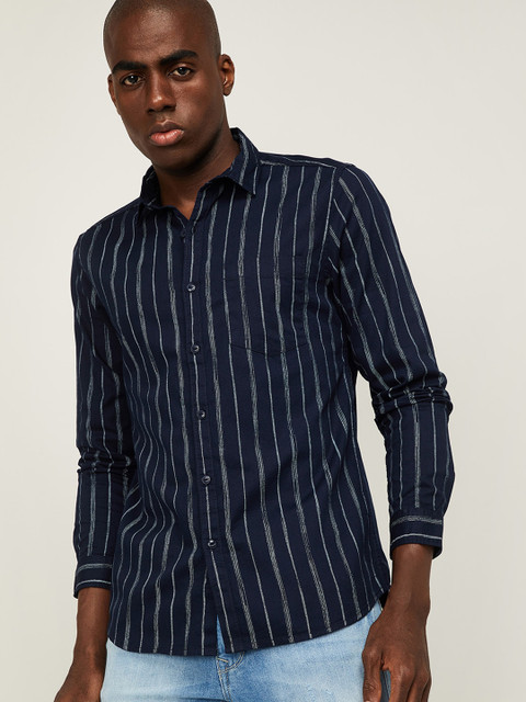 

Forca Men Navy Blue & White Opaque Striped Cotton Casual Shirt