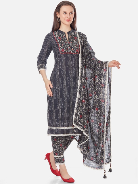 

Kiana Women Black Embroidered Pleated Pure Cotton Kurti with Skirt & With Dupatta