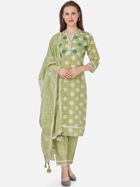 

Kiana Women Green Striped Pleated Pure Cotton Kurta with Trousers