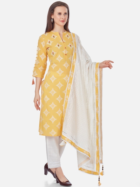 

Kiana Women Yellow Ethnic Motifs Printed Empire Pure Cotton Kurta with Churidar & With Dupatta