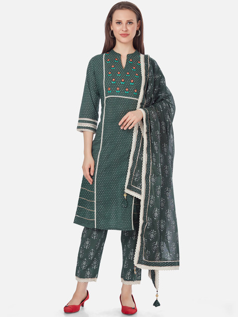 

Kiana Women Green Floral Printed Empire Pure Cotton Kurta with Skirt
