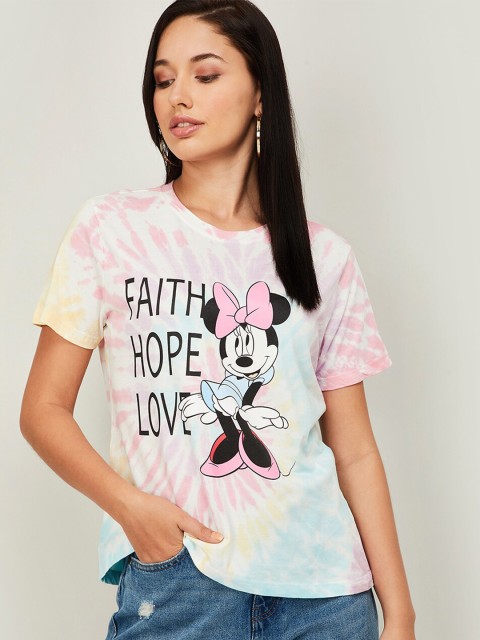 

Ginger by Lifestyle Women Pink Off White Minnie Mouse Printed Raw Edge Pure Cotton T-shirt