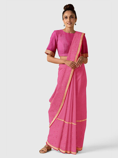 

Taneira Women Pink & Gold Geometric Woven Designed Chanderi Silk Cotton Saree