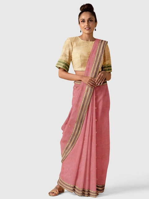 

Taneira Women Pink & Grey Woven Designed Maheshwar Tissue Cotton Saree